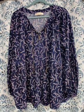 Michael Kors Navy Floral Print Peasant Blouse